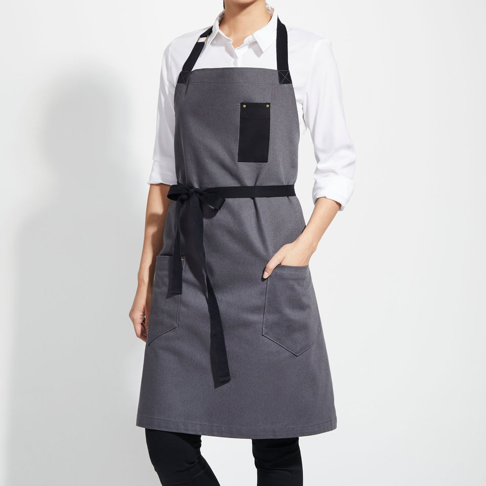 Bib Apron with Contrast Pocket - Grey/Black