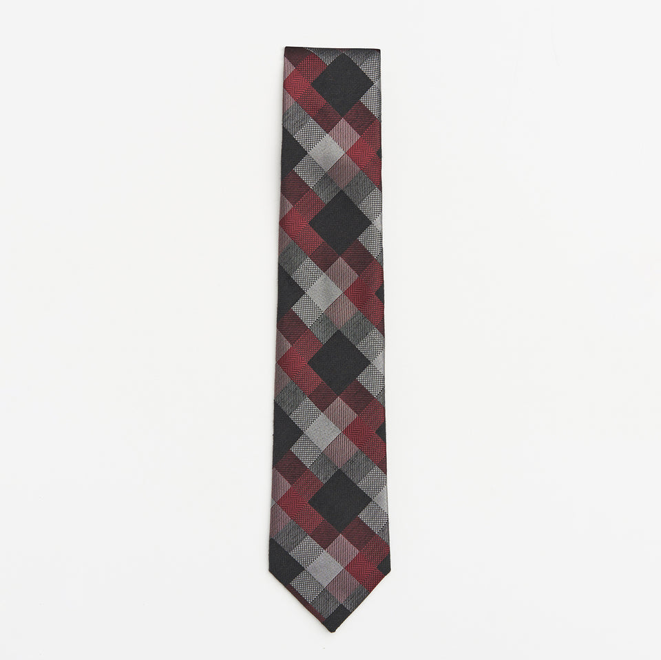 Graphic Squares Tie - Burgundy/Black/Grey