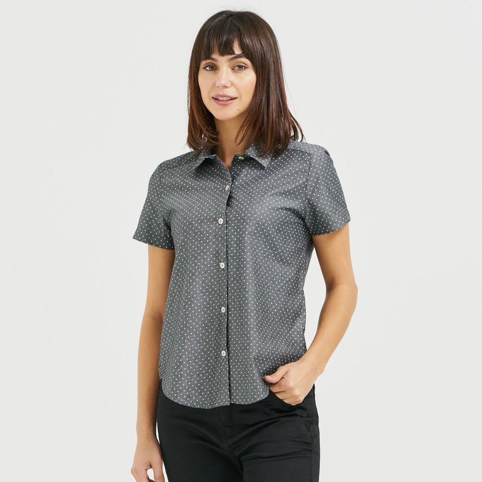 Ladies' Boyfriend Blouse Short Sleeve- Coal Chambray Dots